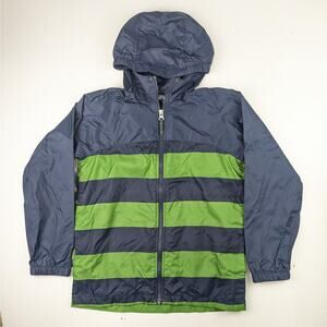 Lands' End Green/Navy Striped Windbreaker/Shell/Rain Jacket